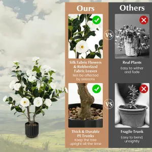 Costway Artificial Camellia Tree Faux Flower Plant Artificial Tree in Cement Pot Greenery Potted Plant Free Maintenance