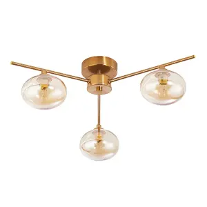 Modern Triple Branch Satin Brass Ceiling Light Fitting with Amber Glass Shades