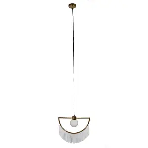 ValueLights Jupiter Brass Semicircle & White Tassel Fringe Ceiling Pendant Light with Frosted Globe Shade with LED Bulb