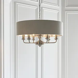 Luminosa Highclere Single Shade Pendant Light Brushed Chrome Plate, Natural Linen