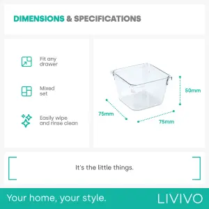 LIVIVO 4Pcs Clear Plastic Drawer Organiser, Versatile Desk & Kitchen Drawer Organiser - Tray for Makeup & Office Supplies - Small