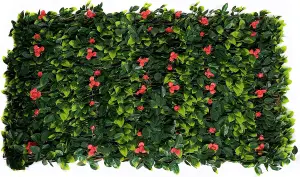 GreenBrokers Trellis Artificial Expanding Willow Fence with Green Leaf Foliage & Red Flowers-UV Stable (1m x 2m)