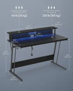 VASAGLE Computer Table, Gaming Desk, with LED and Built-In Power Outlets, Table with Monitor Shelf, Gaming Table, Ebony Black