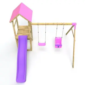 Rebo Adventure Wooden Climbing Frame, Swing Set and Slide - Rainier Pink