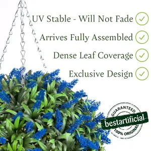 Best Artificial 28cm Blue Lush Lavender Hanging Basket Flower Topiary Ball - Suitable for Outdoor Use - Weather & Fade Resistant