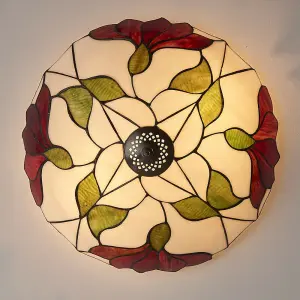 Tiffany Glass Semi Flush Ceiling Light Red Flower Round Inverted Shade i00035