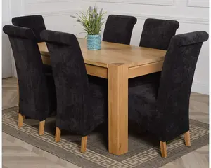 Kuba 150 x 85 cm Chunky Medium Oak Dining Table and 6 Chairs Dining Set with Montana Black Fabric Chairs