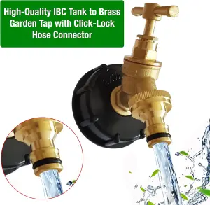 IBC Tank Adapter Hose Connector - S60X6 Brass Garden Tap with Click-Lock Hose Fitting- Heavy Duty Coarse Thread PTFE Tape Included