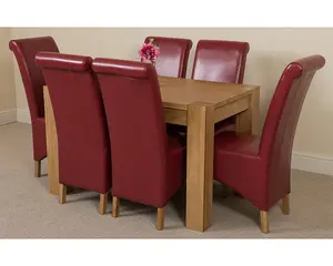 Kuba 125 x 80 cm Chunky Oak Small Dining Table and 6 Chairs Dining Set with Montana Burgundy Leather Chairs