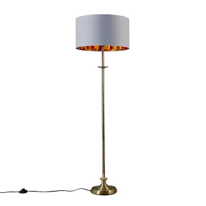 ValueLights Belmont Traditional Antique Brass Sconce Floor Lamp with Grey Gold Drum Shade