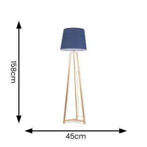 ValueLights Lottie Natural Wood Tripod Floor Lamp with Navy Blue Tapered Shade