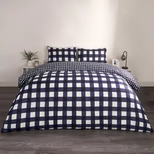 Gingham Duvet Cover Reversible Bedding Set, Navy - King