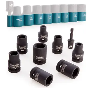 Makita 9 Piece Impact Driver Socket Set 1/2" Square Drive + 1/4" Hex Bit 8-18mm