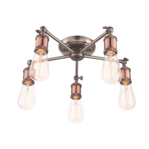 Haven Aged Pewter and Aged Copper Industrial 5 Light Semi Flush Ceiling Light