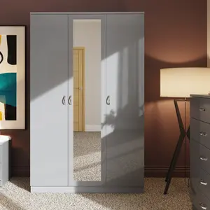 3 Door Triple Mirrored Wardrobe Grey Gloss Scratch Resistant Bedroom Furniture