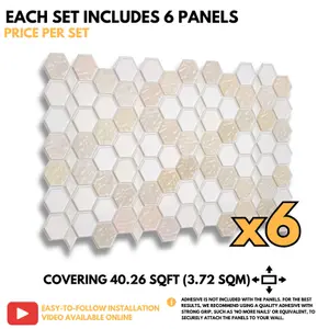 3D Wall Panels with Glitter Effect - Set of 6 sheets cover 40.26ft²(3.7m²) Honeycomb Hexagon Wall Panelling in Beige Cream Caramel