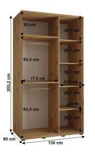 Sapporo II Modern Oak Artisan Mirrored Sliding Door Wardrobe -  Space-Saving Storage Solution (H)2050mm (W)1300mm (D)600mm