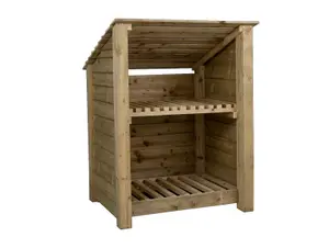 Wooden log store (roof sloping back) with kindling shelf W-99cm, H-126cm, D-88cm - natural (light green) finish