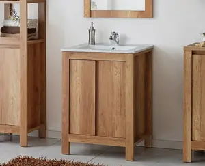 Bathroom Furniture Set: 600mm Vanity Cabinet wih Basin Tall Shelf Storage Freestanding Oak Effect Classic