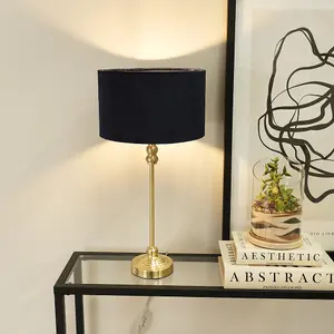 ValueLights Maggie Gold Metal Candlestick Slim Table Lamp with Black Velvet Drum Lamp Shade and LED Bulb