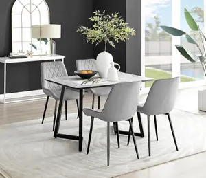 Carson 4 Seater White Marble Effect Rectangular Scratch Resistant Dining Table with 4 Grey Pesaro Velvet Black Leg Chairs