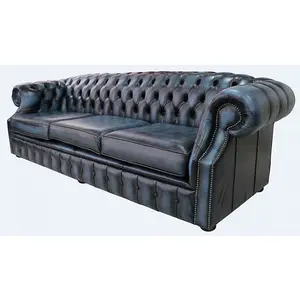 Chesterfield 4 Seater Antique Blue Leather Sofa Bespoke In Buckingham Style