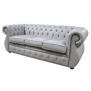 Chesterfield 3 Seater Vele Cloud Grey Leather Sofa Bespoke In Kimberley Style