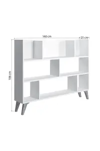 Frame Dion Bookcase with 8 Compartments Display Unit, 140 x 25 x 106 cm Free Standing Shelves, Bookshelf, Open Cabinet, White