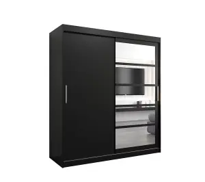 Sleek Black Roma I Sliding Door Wardrobe W1800mm H2000mm D620mm Mirrored Vertical Handles Contemporary Storage Solution