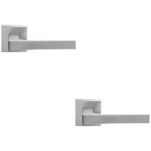 2 PACK - Premium Contoured Door Handle Set - Satin Chrome Sleek Lever on Square Rose