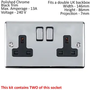 CHROME Bedroom Socket & Switch Set - 1x Light & 2x Double UK Power Sockets