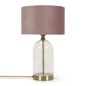 ValueLights Jessy Glass and Gold Metal Bedside Table Lamp with a Blush Pink Velvet Lampshade