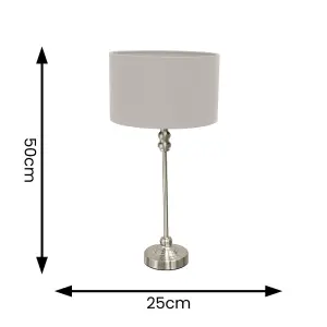 ValueLights Maggie Brushed Chrome Candlestick Slim Table Lamp with Grey Fabric Drum Lamp Shade