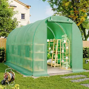 Green Walk In Steel Frame Garden Tunnel Greenhouse with Roll Up Door Windows, 4x3x2M