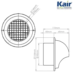 Kair Bull-Nose External Vent 100mm - 4 inch Rear Spigot Stainless Steel Grille with Wire Mesh and Drip Deflector