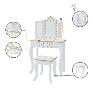 Teamson Kids Dressing Table, Play Vanity Set with LED Mirror Light & Stool - White/Gold/Polka Dots