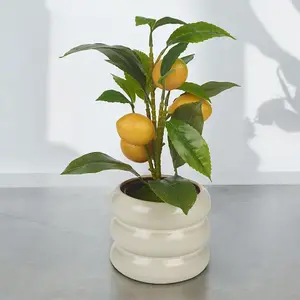 URBNLIVING 39cm Height Artificial Citrus Lemon Fruit Tree & Ceramic Tube Design cream gloss Flower Pot