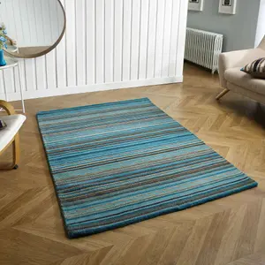 Melrose Mubai Stripe Wool Made Teal Area Rug 080/150cm