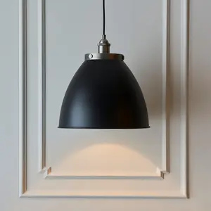 Luminosa Franklin Single Pendant Ceiling Lamp, Aged Pewter Plate, Matt Black Paint