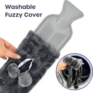 2L Long Hot Water Bottle for Back Ache Relief - Soft Faux Fur Cover with Pom Poms, Washable, Grey, 72cm Luxury Pain Relief Bag