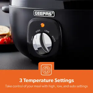 Geepas 3.5 Litre Slow Cooker 3 Temperature Settings, Removable Easy-Clean Aluminum Bowl Tempered Glass Lid & Cool Touch Handle