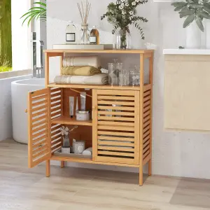 Costway Bamboo Side Storage Organizer Bathroom Floor Cabinet w/ Double Doors