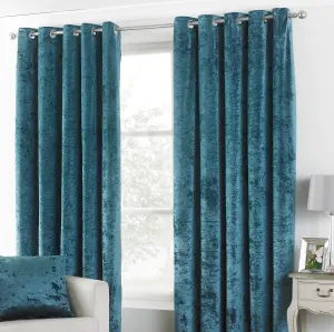 Paoletti Teal Verona Crushed Velvet Eyelet Curtain Pair (W) 117cm x (L) 137cm