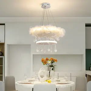 Double Round Liner Feather LED Pendant Light Chandelier with Crystal in White Light