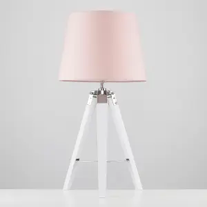 ValueLights Clipper Modern White Wood and Silver Chrome Tripod Table Lamp with Pink Shade