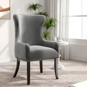 Grey Velvet Dining Chair Studded Design Accent Chair Kitchen Chair with Wooden Legs