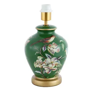 Deep Forest Green Ceramic Gloss Table Lamp Base with Birds and Floral Decoration