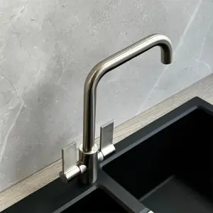 Liquida W18BN Twin Lever D Shape 360 Degree Brushed Nickel Kitchen Tap