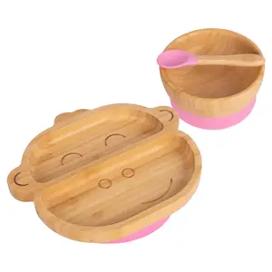 Tiny Dining - Children's Bamboo Suction Monkey Dinner Set - Pink