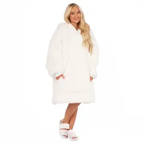 Sienna Fluffy Long Fibre Sherpa Hooded Blanket Plush Fleece Soft Throw, White